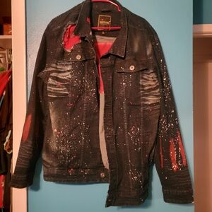 Distressed Black Denim Jacket with Red Accents